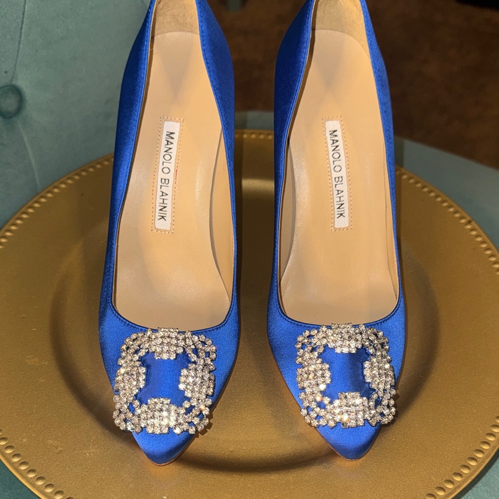 Manolo Blahnik Royal Blue Satin Heels with Crystal Embellishment